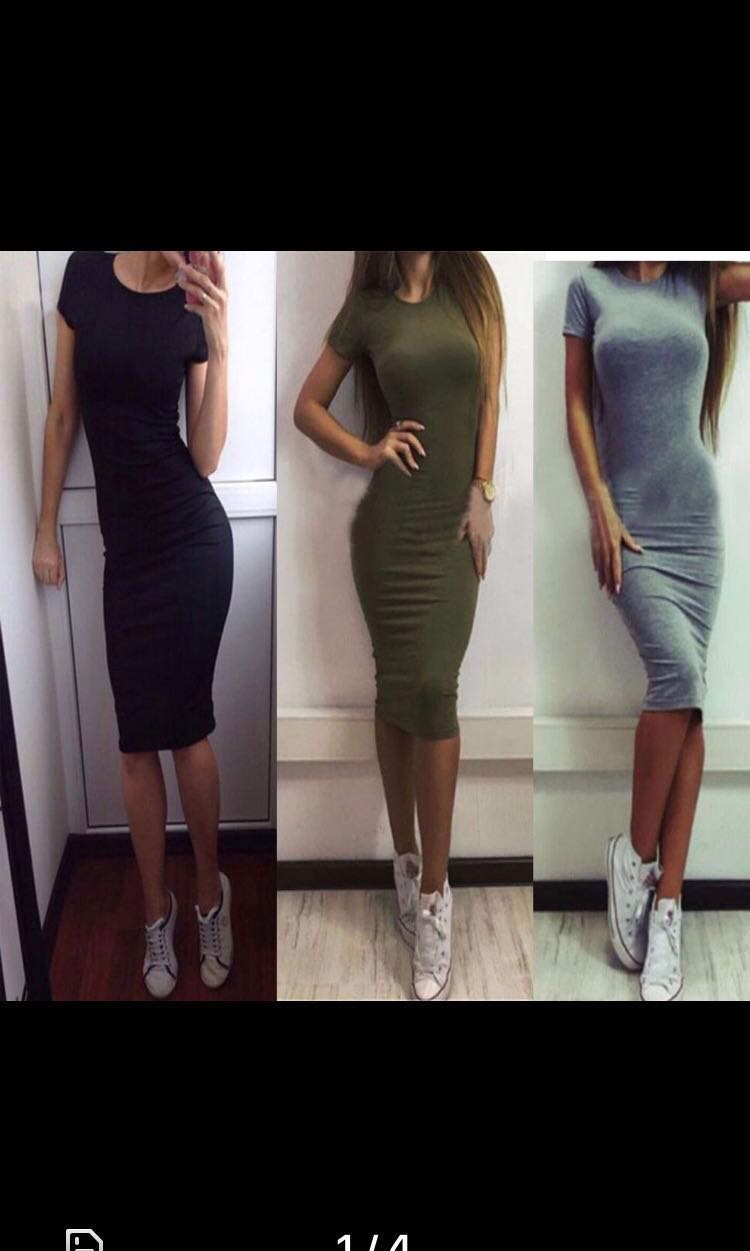 Sold Bnib Basic Short Sleeve Midi Bodycon Dress Army Green Women S Fashion Clothes Dresses Skirts On Carousell