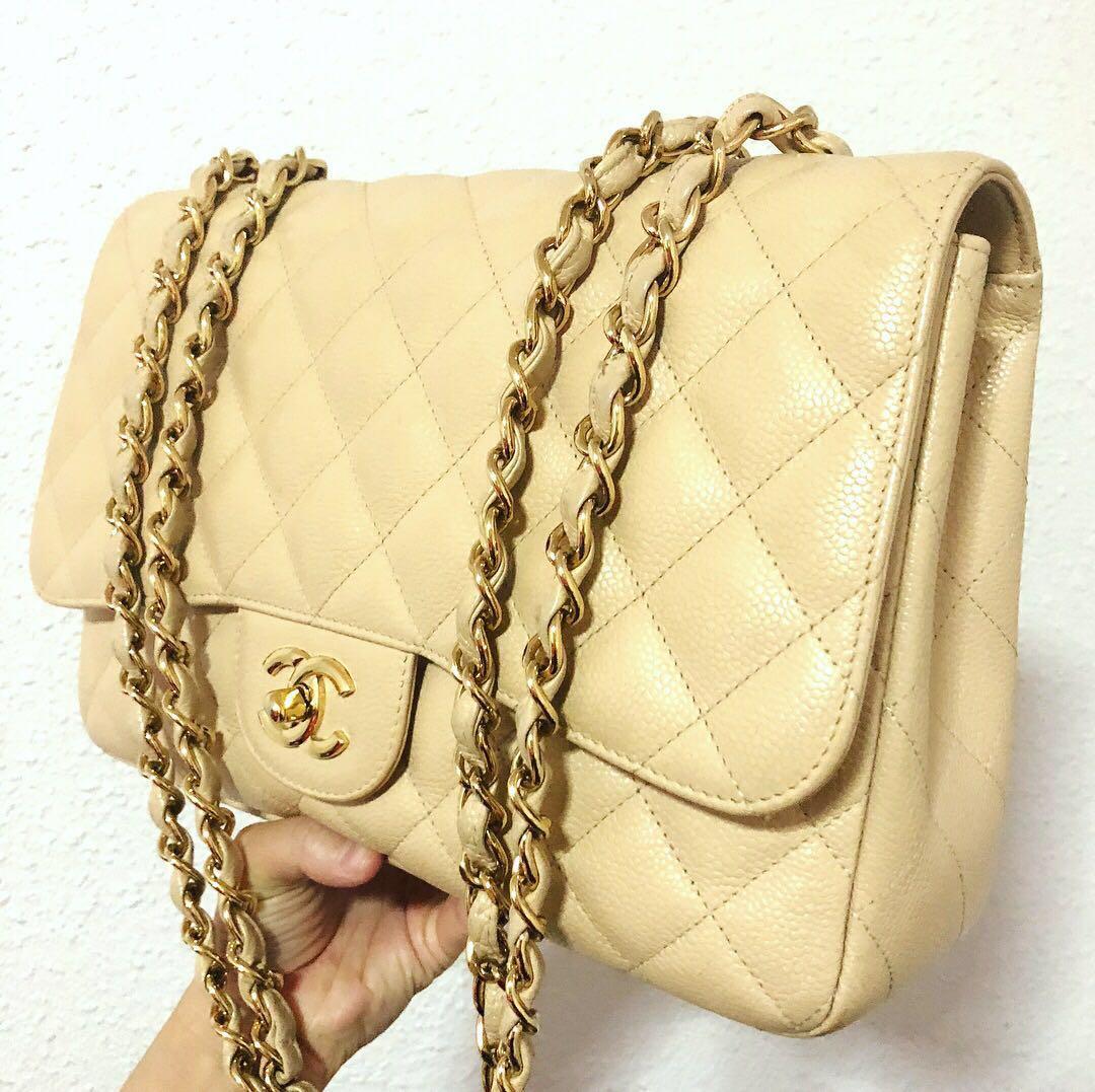 Authentic Chanel Beige Caviar Jumbo Bag with Gold Hardware, Luxury, Bags &  Wallets on Carousell