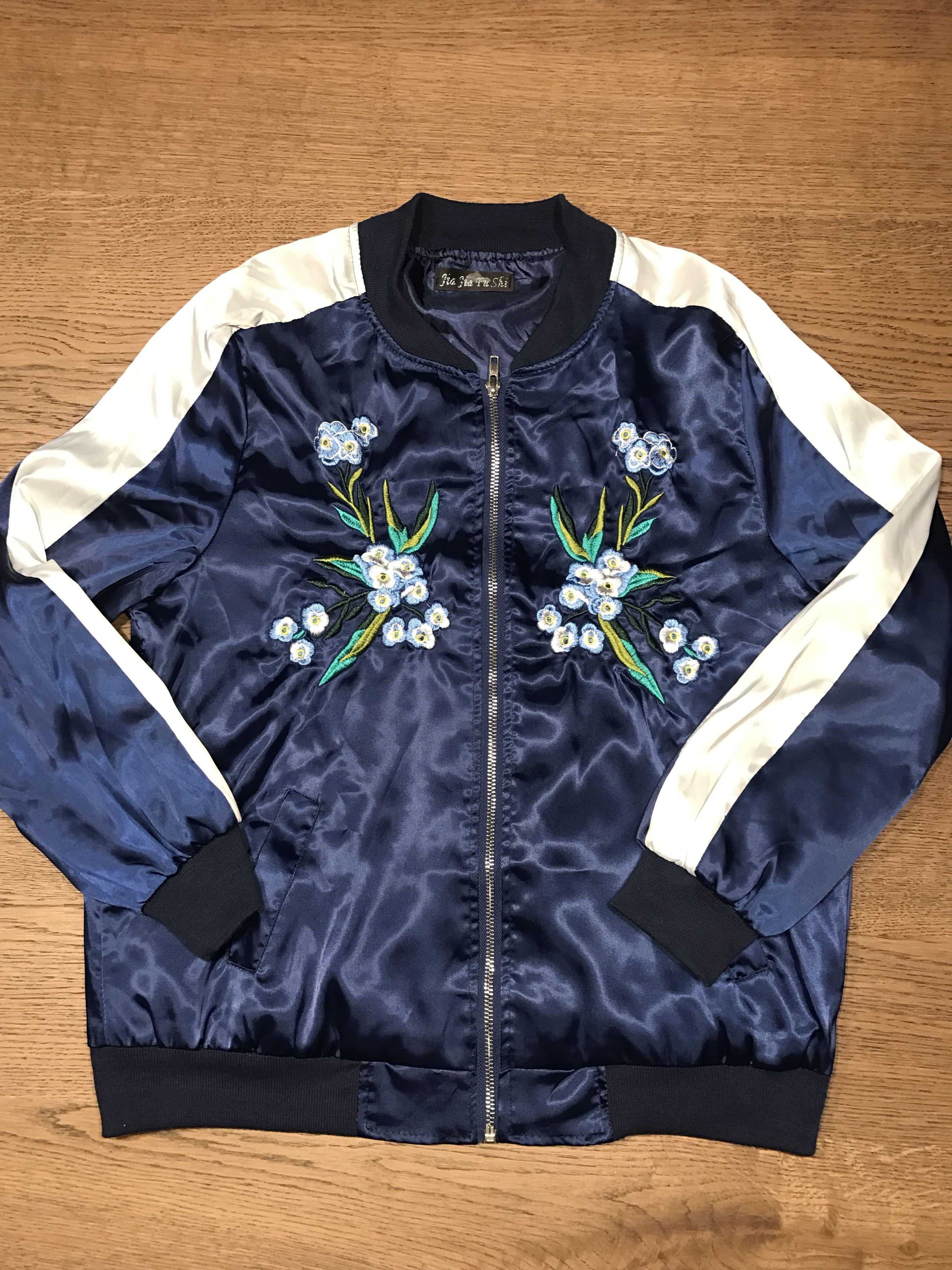 navy satin bomber jacket womens