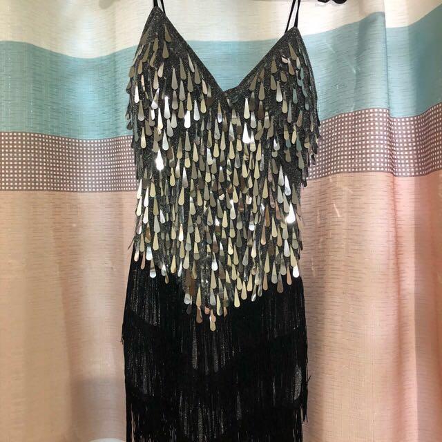 Gatsby dress with free stockings plain black Women s Fashion