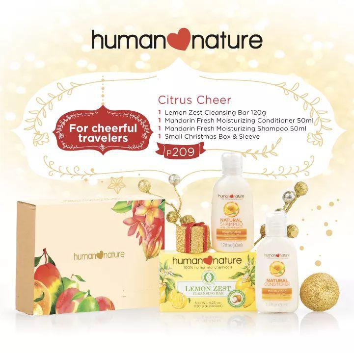 Human Nature Citrus Cheer Gift Set (Category: Bath) located in Quezon City. Submitted by sunnyseven7 (Listing ID 202272638, Image 1). Description: Get this for only 200 :) Have a merry, zesty Christmas with our Citrus Cheer trio! - Lemon Zest Scented Cleansing Bar 120g - Mandarin Fresh Moisturizing Shampoo 50ml - Mandarin Fresh Moisturizing Conditioner 50ml - Small Christmas Box & Sleeve Uplift lives with every purchase: With each Human Nature pr