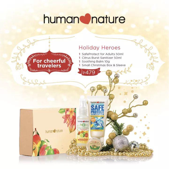 Human Nature Holiday Heroes Gift Set (Category: Bath) located in Quezon City. Submitted by sunnyseven7 (Listing ID 202271284, Image 1). Description: Have your monita covered in your TLC with our ever-reliable skin heroes! - SafeProtect SPF30 Sunscreen 50g - Citrus Burst All-Natural Sanitizer 50ml - Soothing Balm 10g Small Christmas Box & Sleeve Discounted! Get this for only 460 😊.
