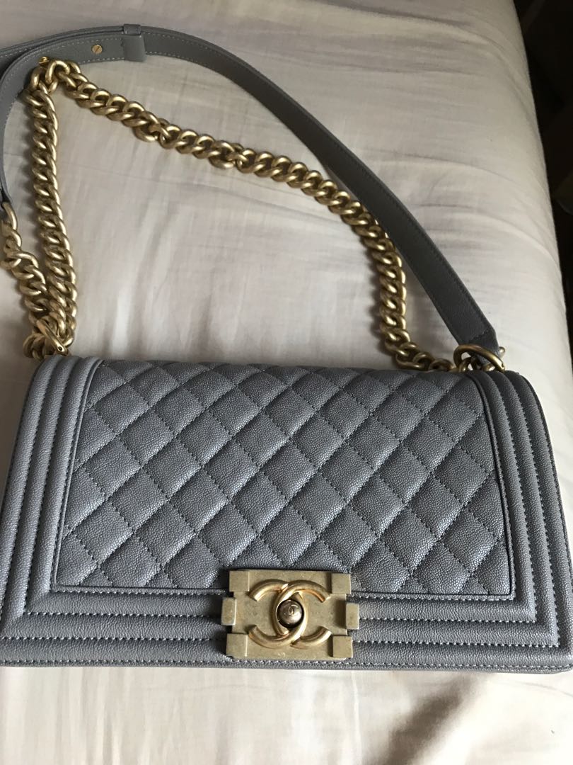 Like New Chanel Boy in silver grey with aged gold hardware