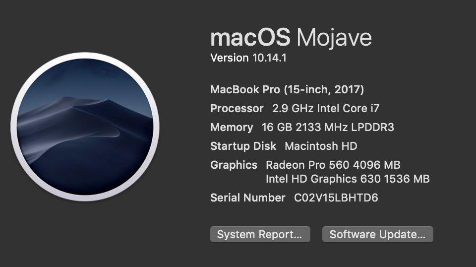 MacBook Pro 15 inch 2017 2.9Ghz Radeon Pro 560 with 4gb Spacegray