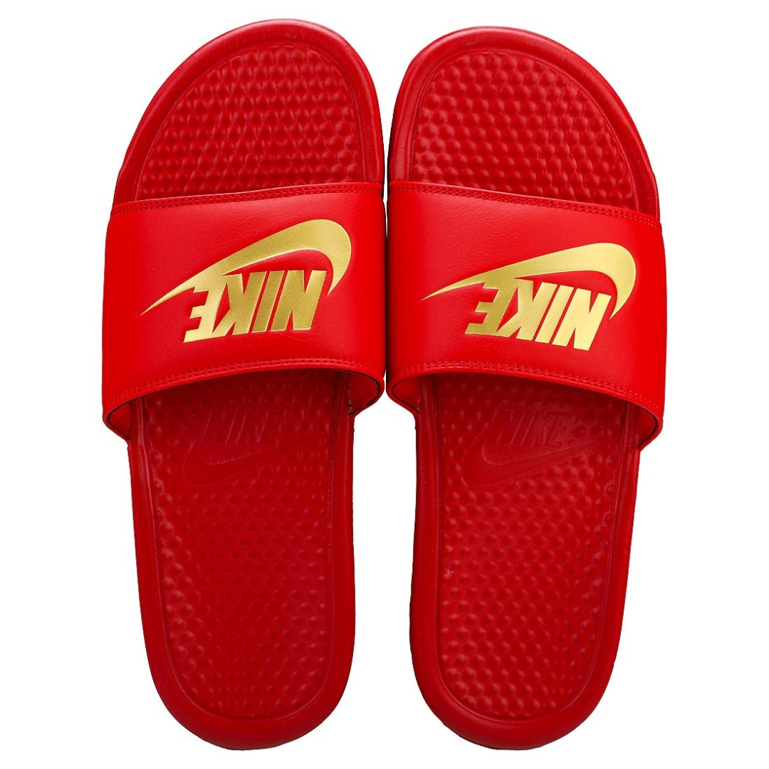 nike red and gold slides