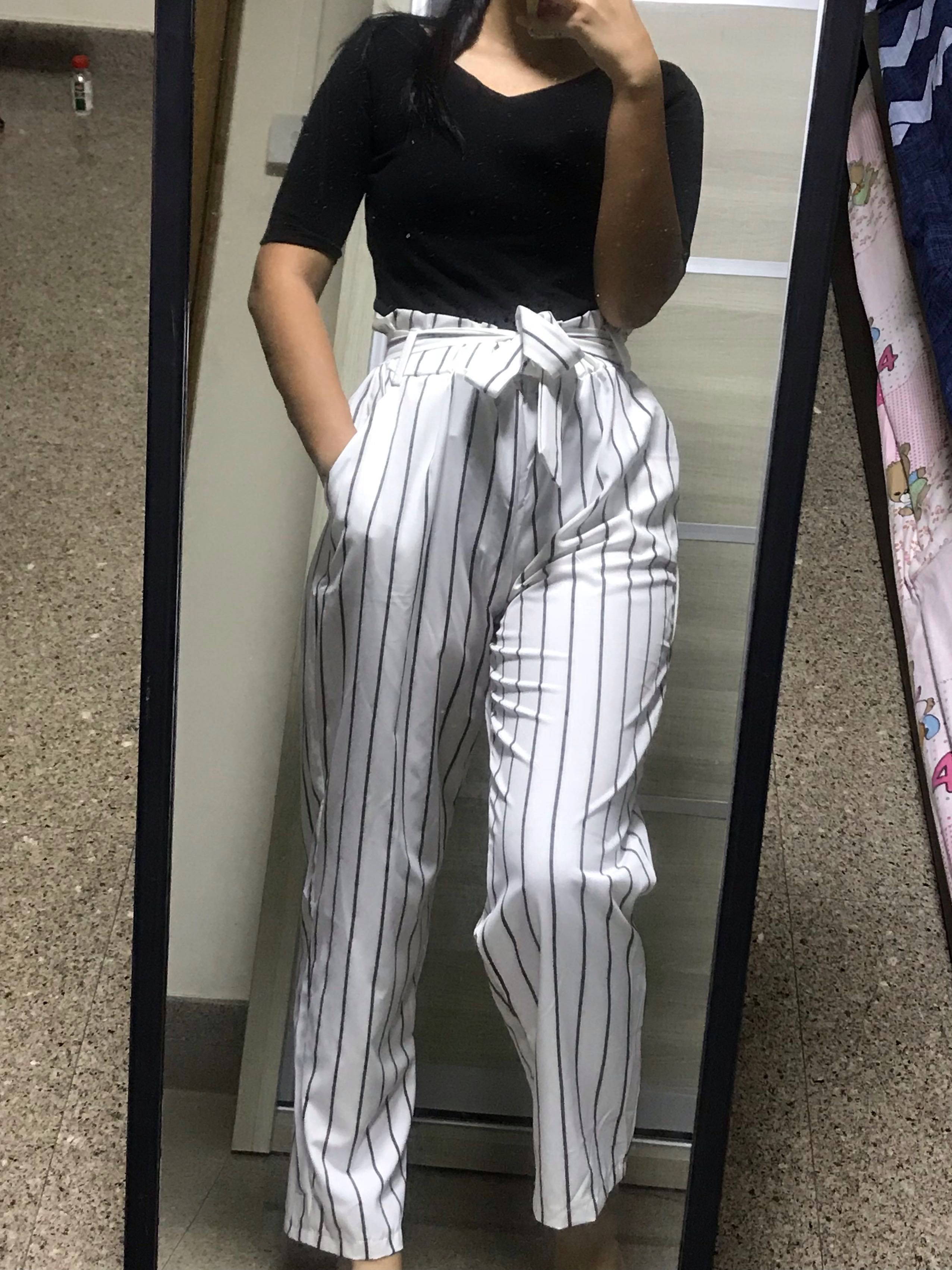 Women Plus Size Loose White Striped Ulzzang Long Pants Culottes