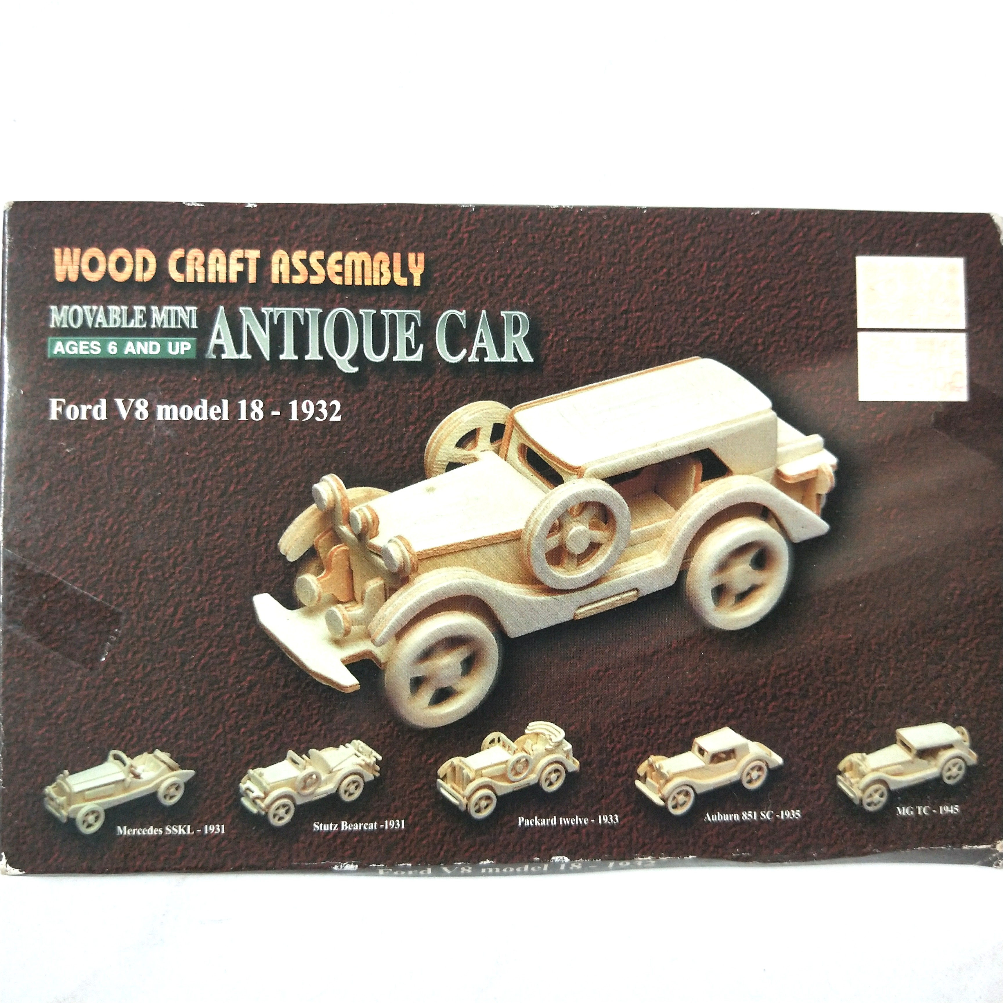 BNIB Wood Craft Assembly Movable Mini Antique Car, Ford V8 