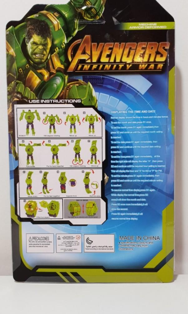 Incredible Hulk Robot Watch (Category: Toys & Games) located in Singapore. Submitted by philip_leow (Listing ID 202418506, Image 2). Description: Avengers Infinity War series Robot to Watch Deformation mode. Also available: Captain America Iron Man, Spiderman..
