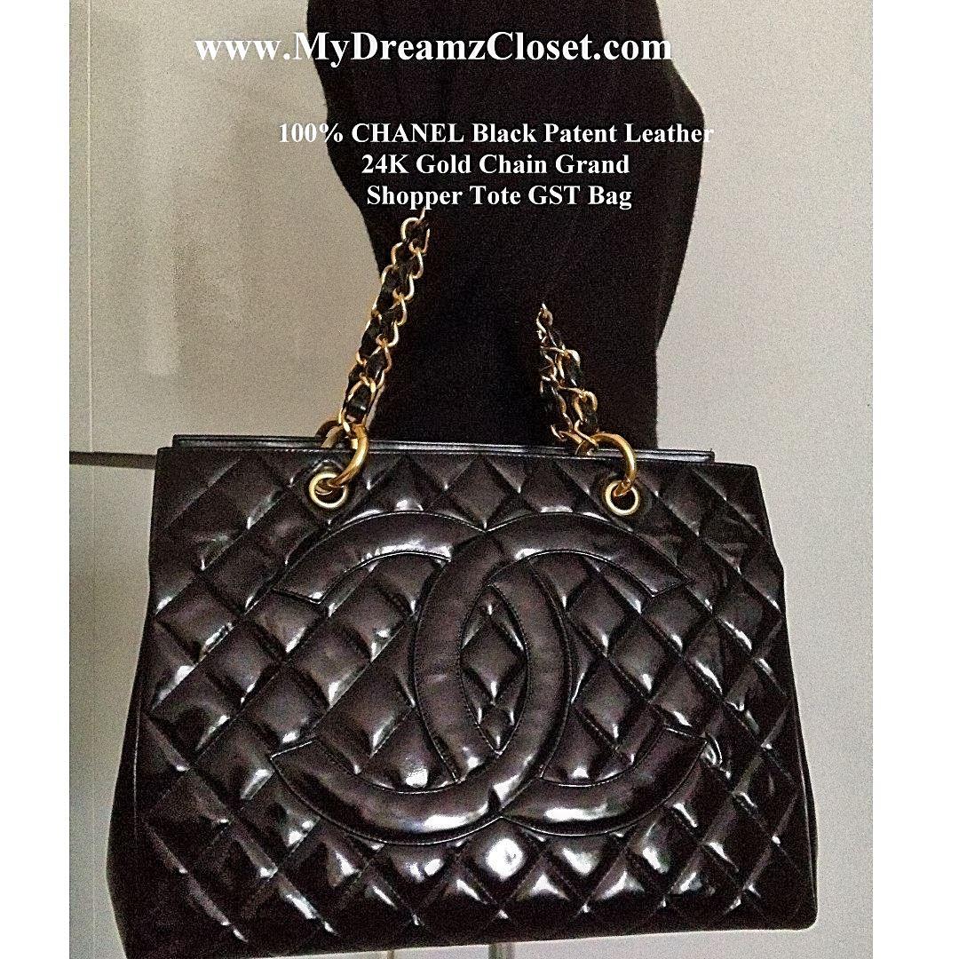 100 CHANEL Black Patent Leather 24K Gold Chain Grand Shopper Tote GST Bag 1