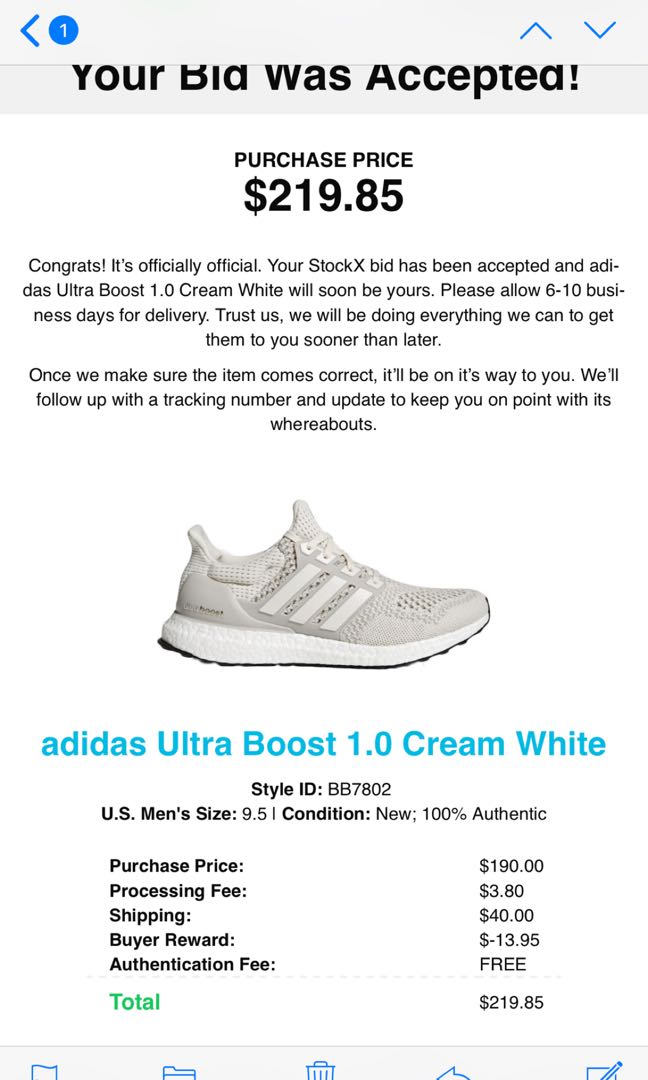 Adidas Ultraboost 1.0 cream chalk us9.5 