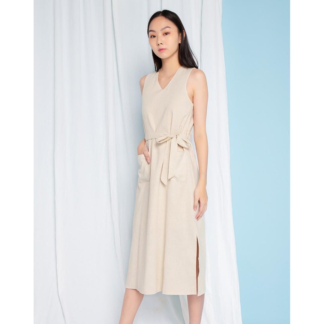 All Would Envy Brynn Ecru V Neck Linen Midi Dress S Women S