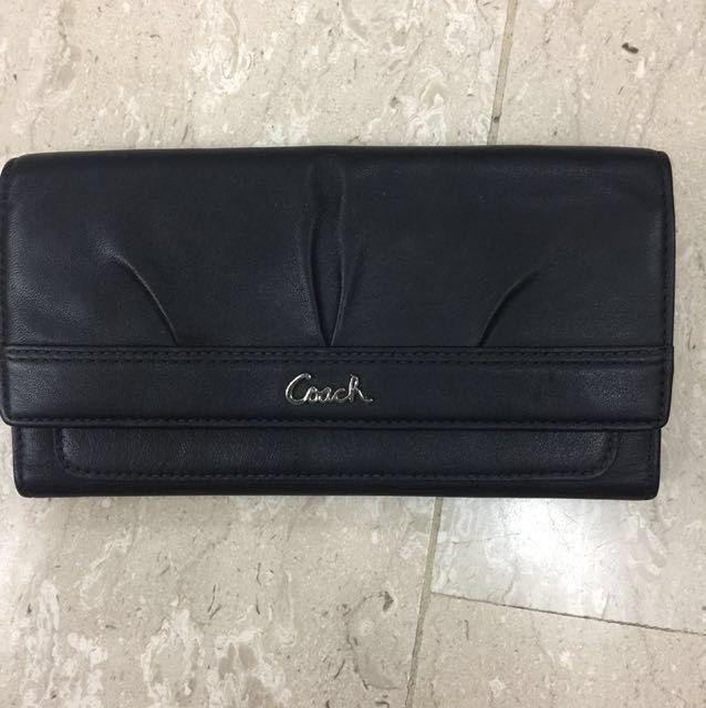 Brand new black coach long wallet with light blue interior with coin
