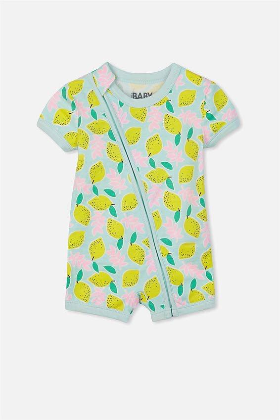 Cotton On Baby Mini Ss Zip Through Romper Fair Aqua Lemons Size 12 18m Bayi Anak Baju Bayi Di Carousell