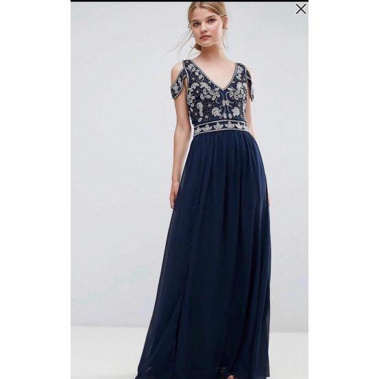 Frock Frill Embellished Navy Maxi Evening Gown Women s Fashion