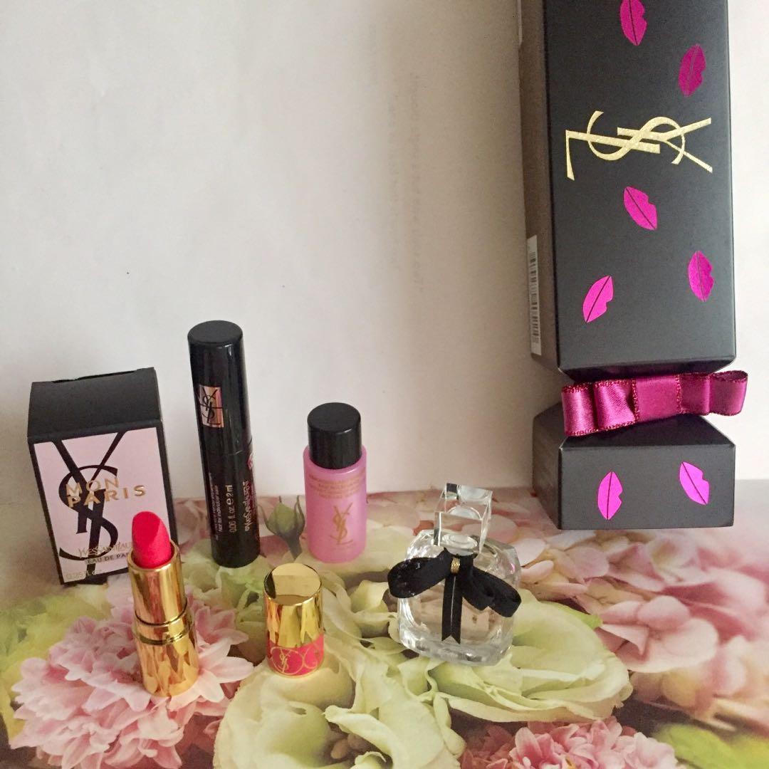 現貨] YSL CRACKER GIFT SET LIPSTICK MASCARA MAKEUP REMOVER MON PARIS PERFUME,  美容＆化妝品, 健康及美容- 皮膚護理, 化妝品- Carousell