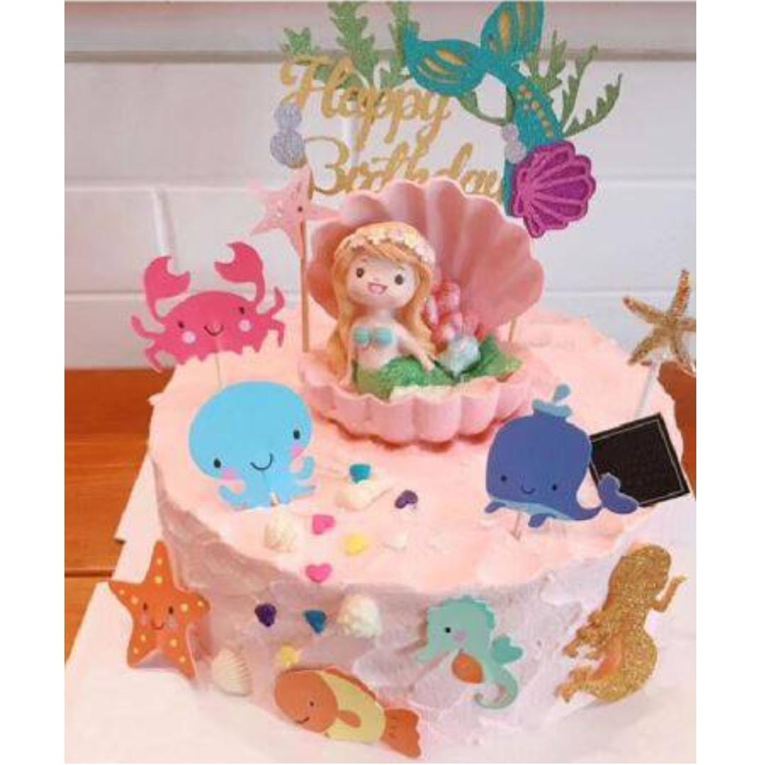 Cute Mermaid Cake Decoration With Ocean Animals Cake Toppers