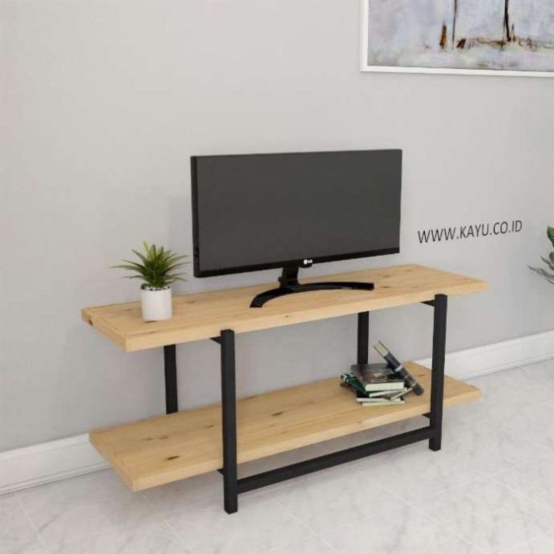 Meja TV industrial kayu pinus jati belanda dan besi kotak Meja TV industrial kayu pinus jati belanda dan besi kotak
