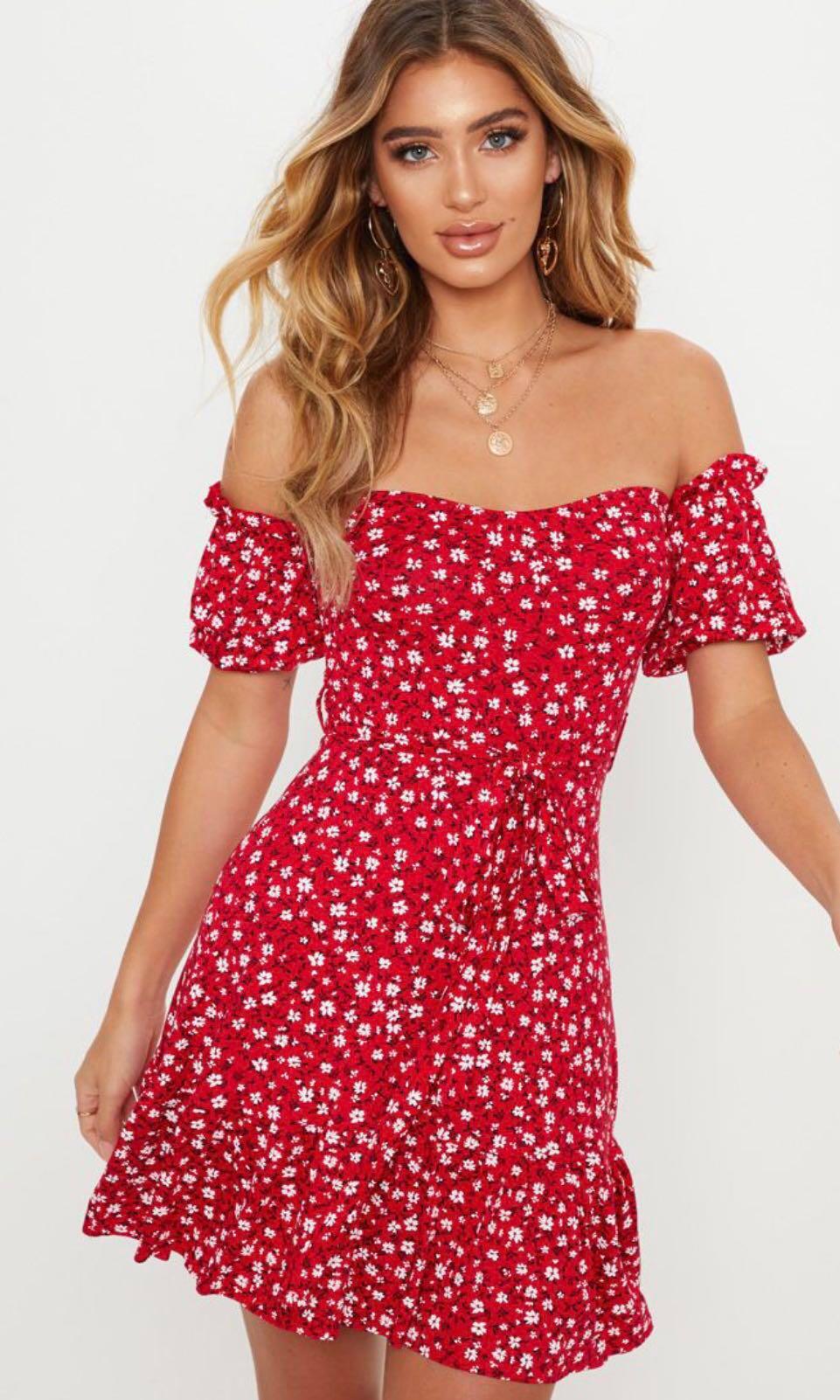 PLT Red Ditsy Print Bardot Frill Hem Skater Dress Women s Fashion