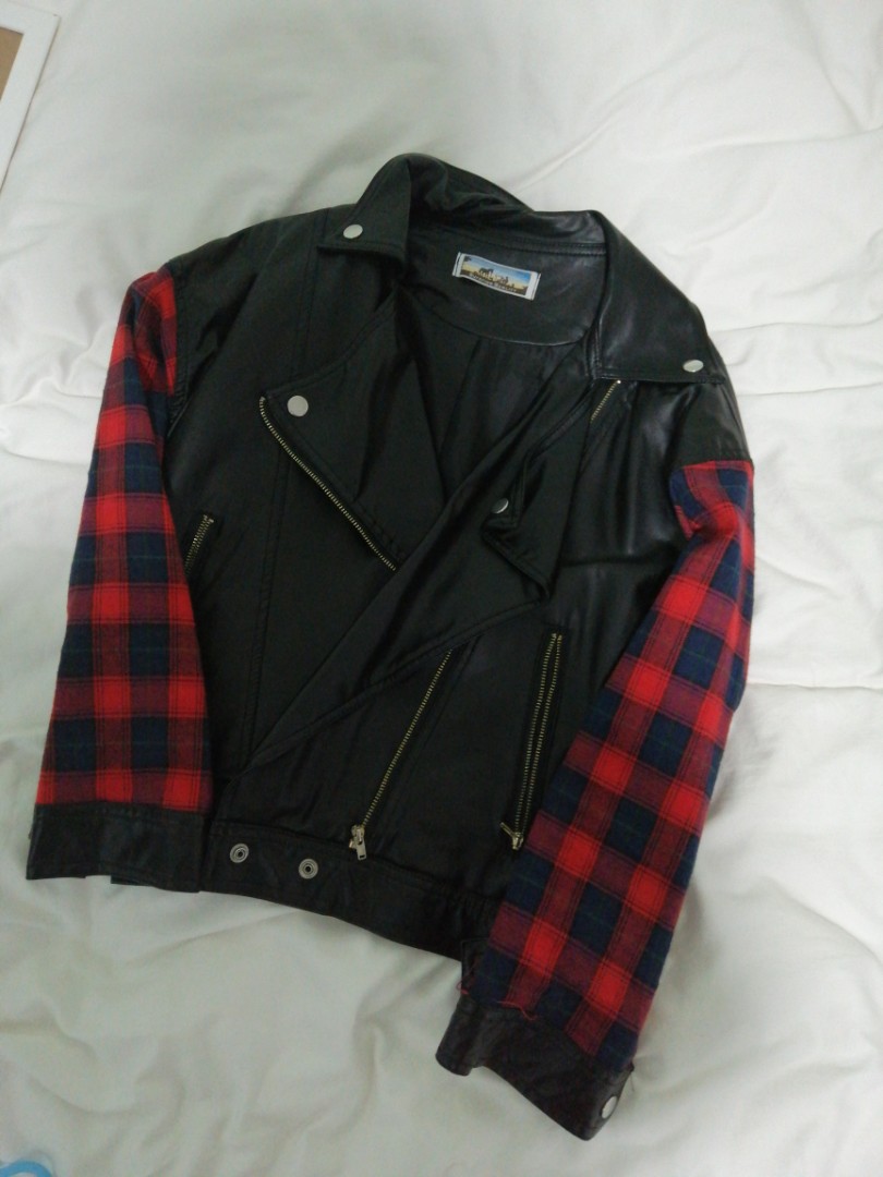 Red Checkered Black Base Leather Jacket