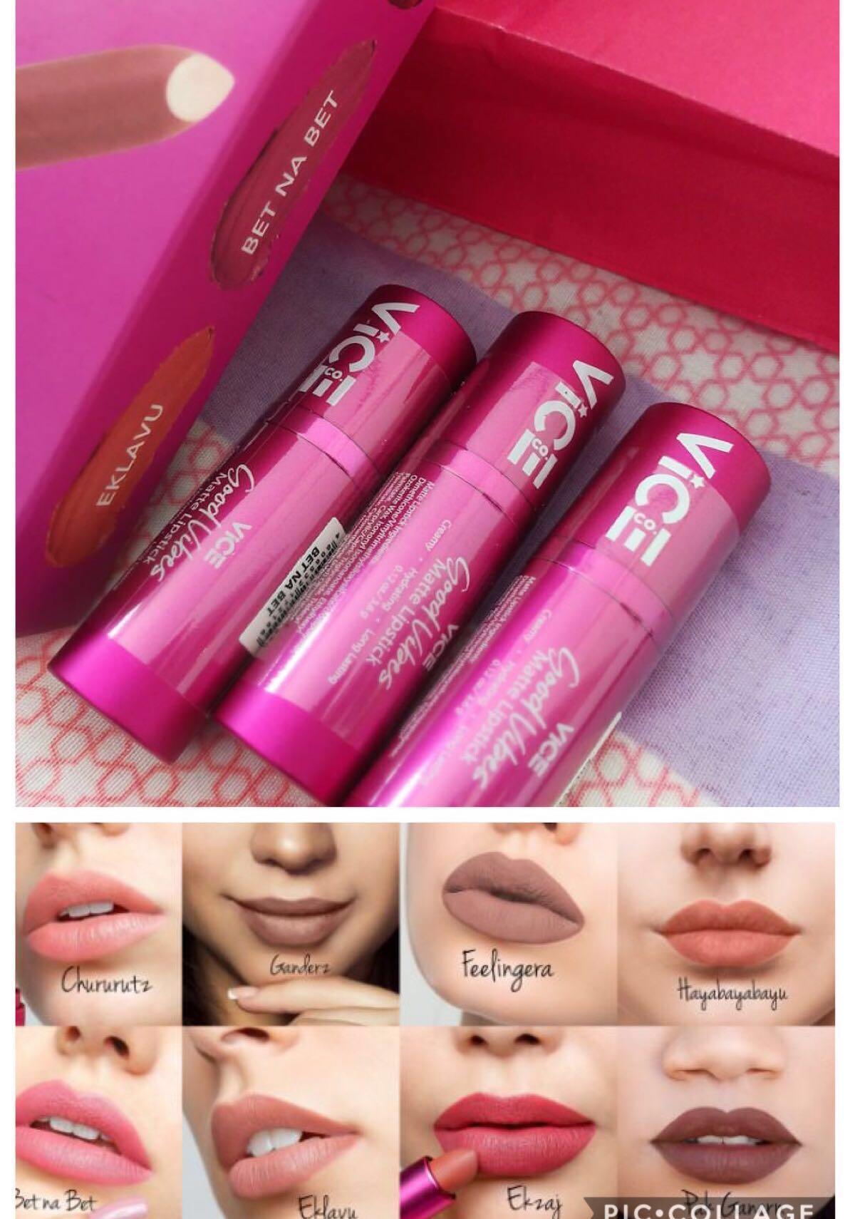 Vice good Vibes matte lipstick (Category: Makeup) located in Pasig City. Submitted by mgb13 (Listing ID 196116979, Image 1). Description: Brand new and Sealed Color-Hayabayabayu -Bet na Bet -keribels -Anetch -Chururutz Price- Php 170 each 💯 % Original.