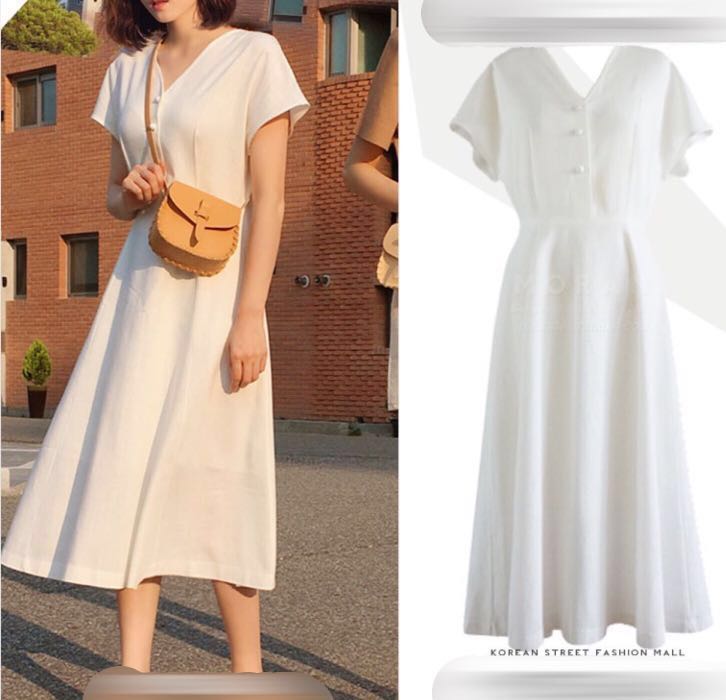White Button Dress Short Sleeve Long Maxi Midi Skirt Dress Office
