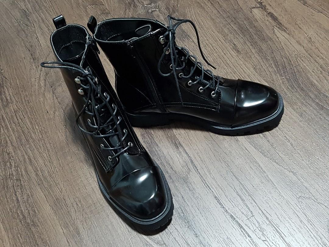 glossy black combat boots