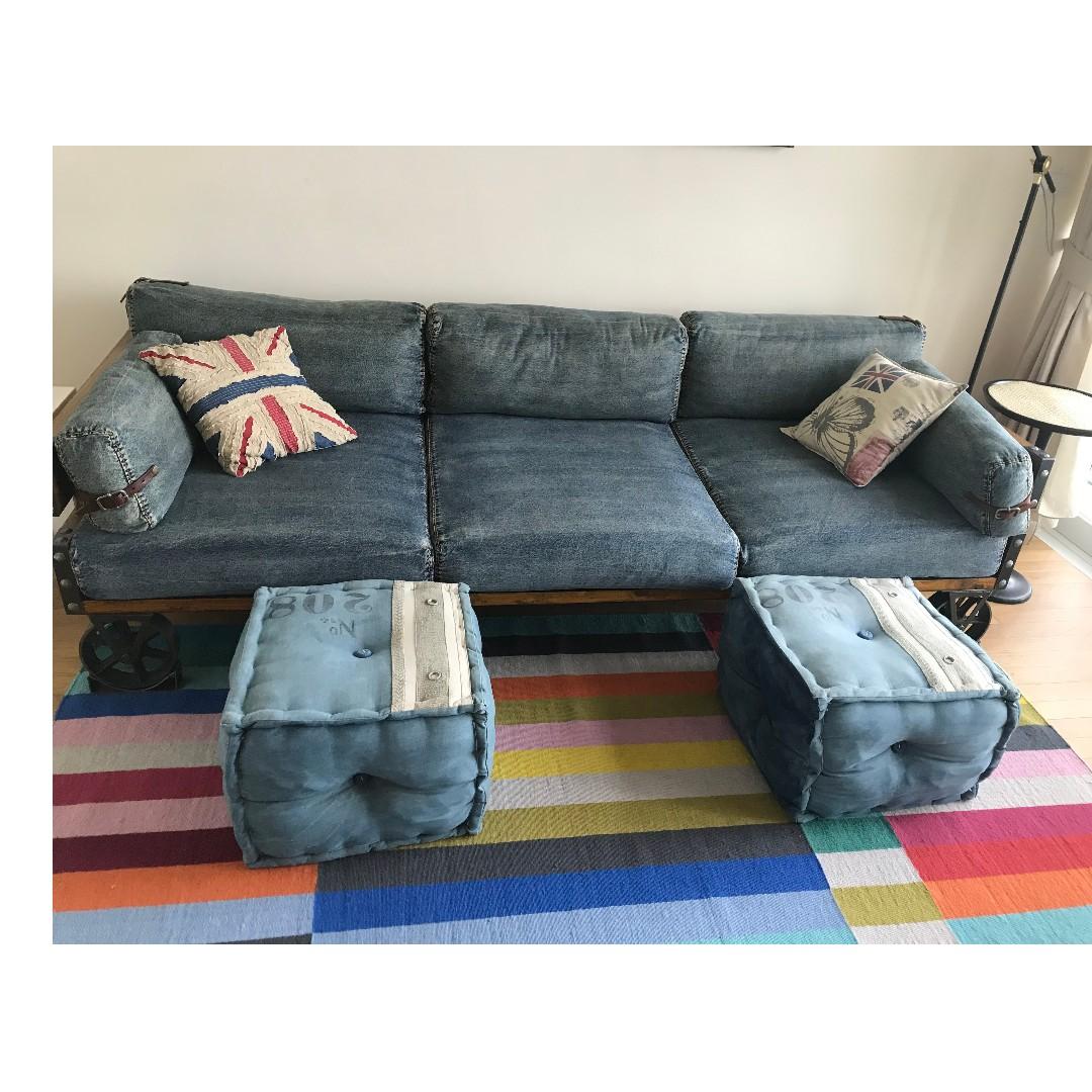 Denim Comfy Sofa 2 Puff Furniture Sofas On Carousell