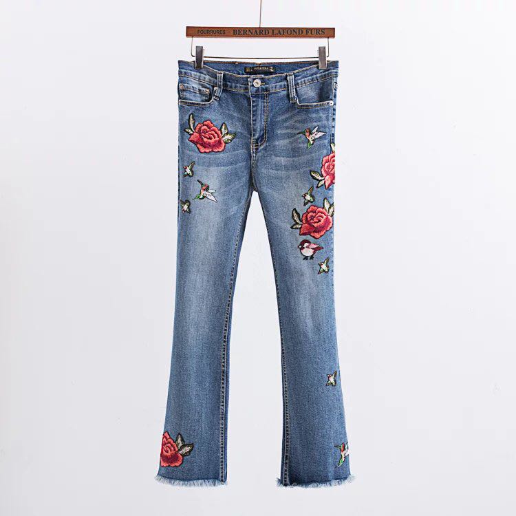 Embroidered Hummingbird and Roses Denim 