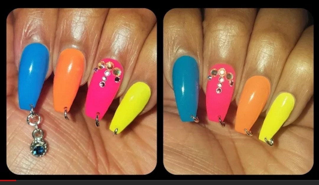 Gold Silver Dangle Ring Nail Studs Colorful Beads 3d Nail Art