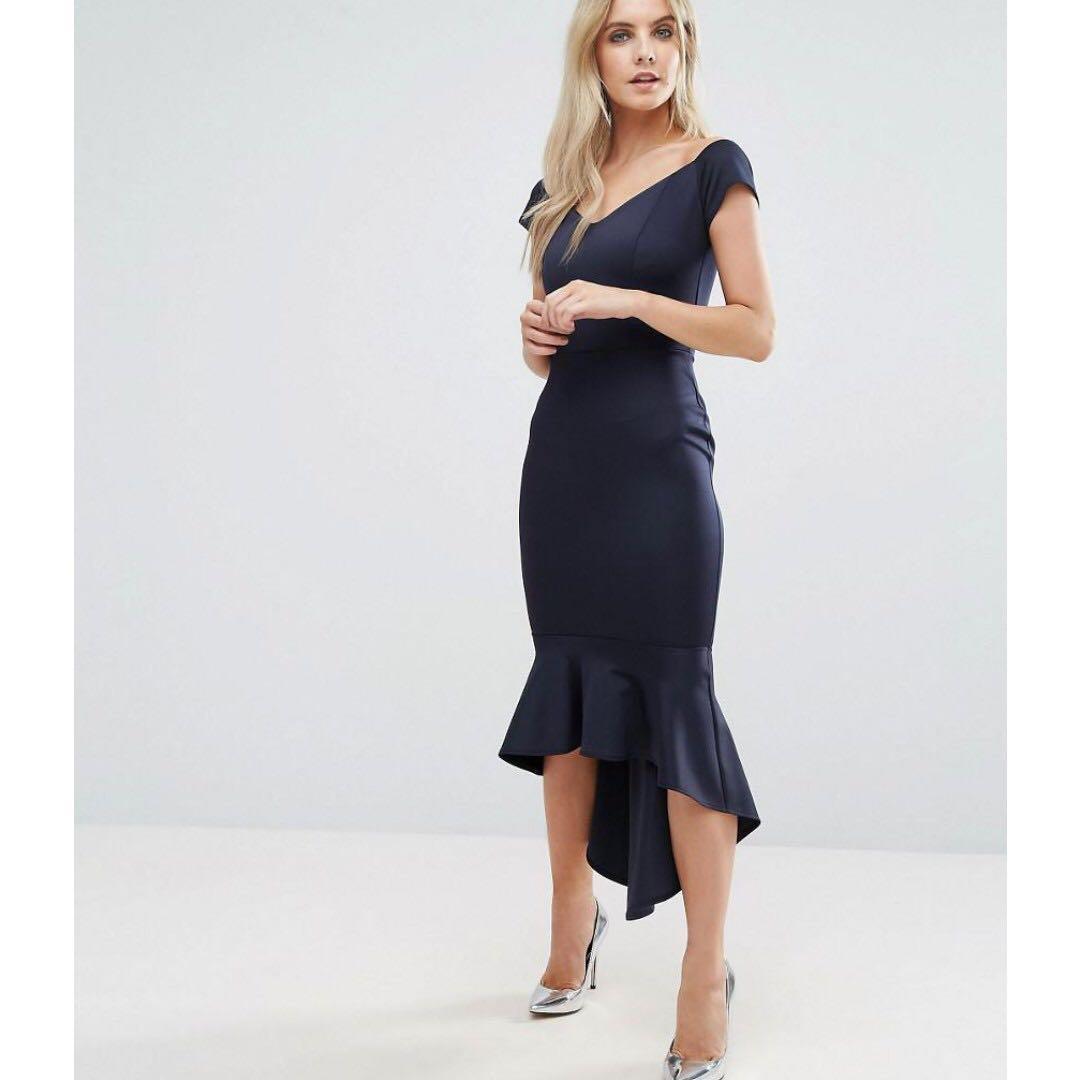 John Zack Petite Off Shoulder Ruffle Midi Dress in Purple