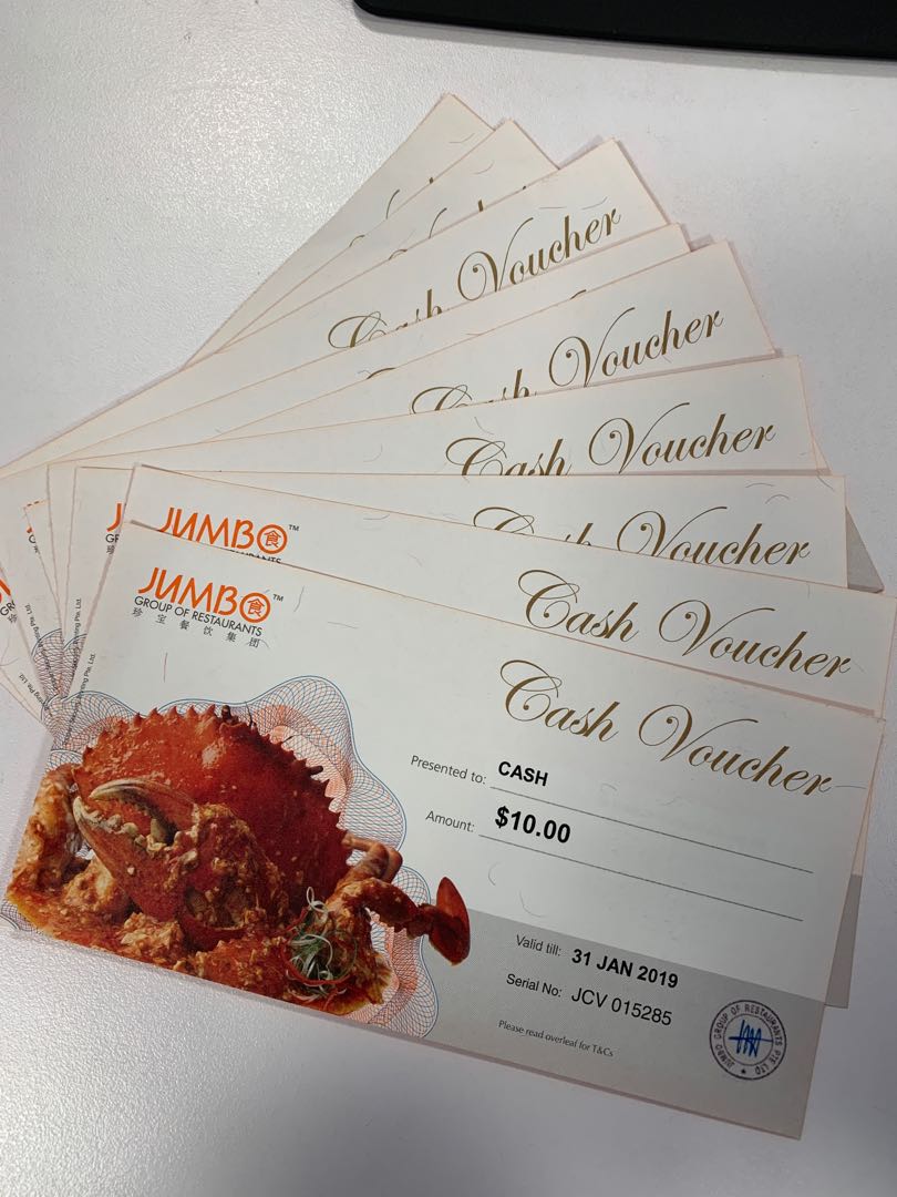 Jumbo Group of Restaurants 9 pieces of 10 Cash Voucher, Tickets
