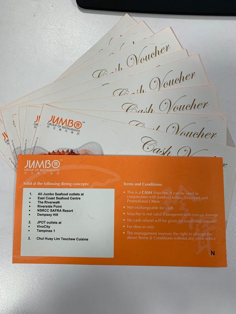 Jumbo Group of Restaurants 9 pieces of 10 Cash Voucher, Tickets