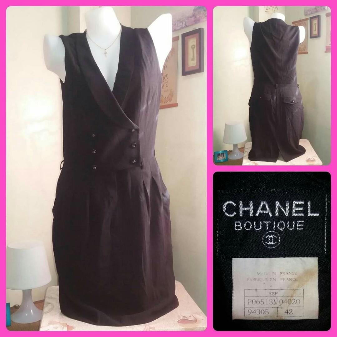 Vtg Chanel Black Linen Sleeveless Dress With Cc Logo Button On