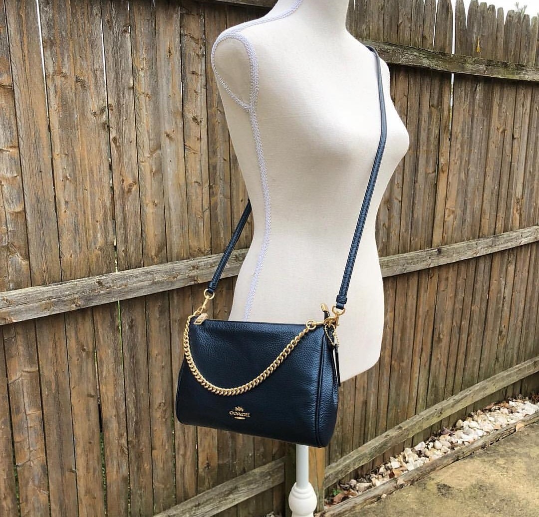 Coach Pebbled Leather Carrie Crossbody in Metallic Denim
