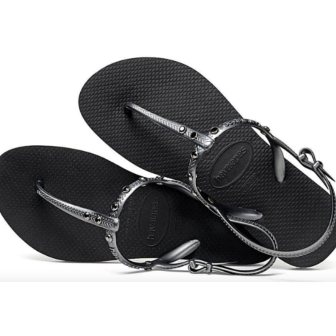 Havaianas Freedom Swarovski Black Sandals 37 38 Women s Fashion Footwear Flats Sandals on Carousell