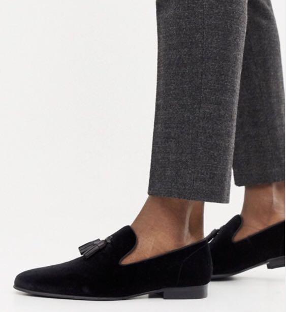 Mens black velvet loafers with tassels outlet