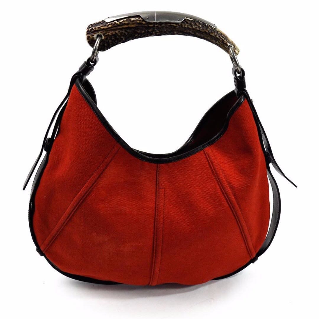 YSL YVES SAINT LAURENT Red Iconic Mombasa Leather Shoulder Hobo Bag Horn  Handle