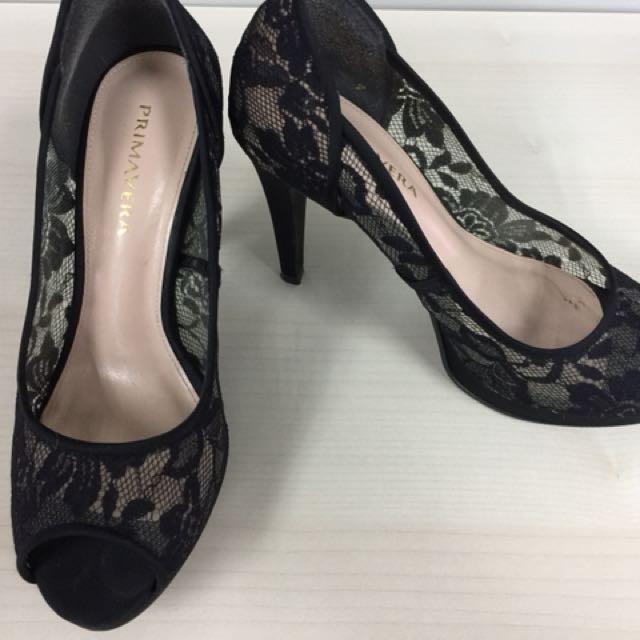 Primavera Laced Peep Toe Heels BLACK