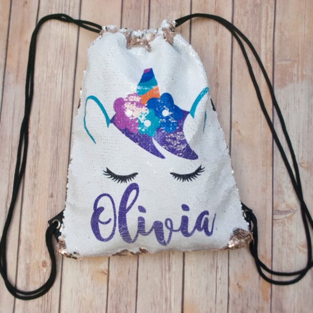 Personalized Reversible Sequin Unicorn Drawstring Backpack Custom Two Tone Mermaid School Bag Kids Backpack