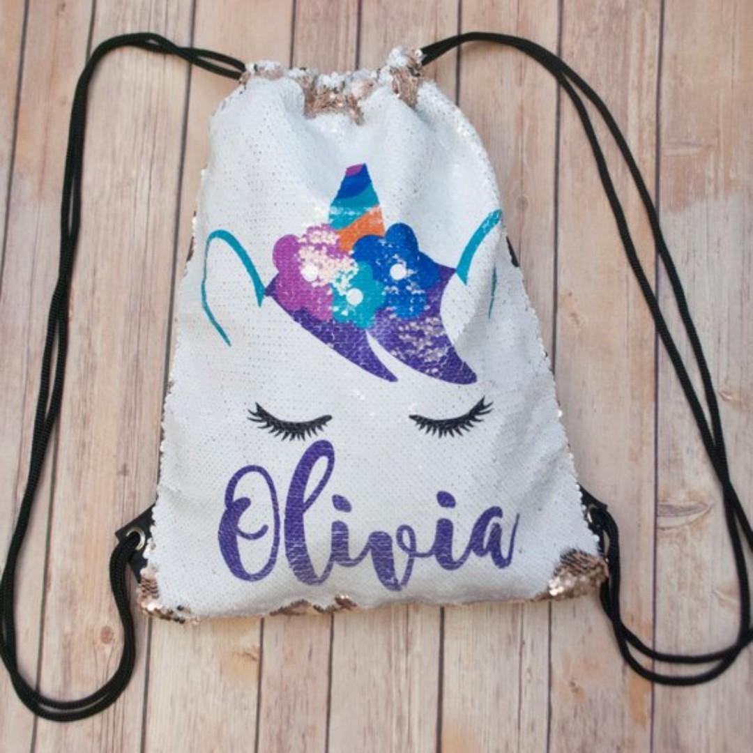 Personalized Reversible Sequin Unicorn Drawstring Backpack Custom Two Tone Mermaid School Bag Kids Backpack