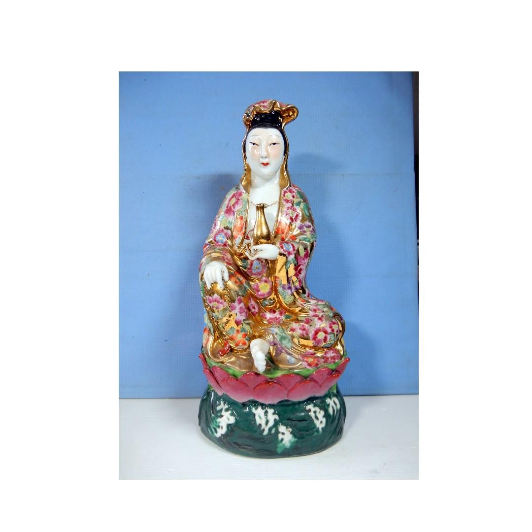 Vintage porcelain statue Kwan Yin Goddess of Mercy with vase circa 1970