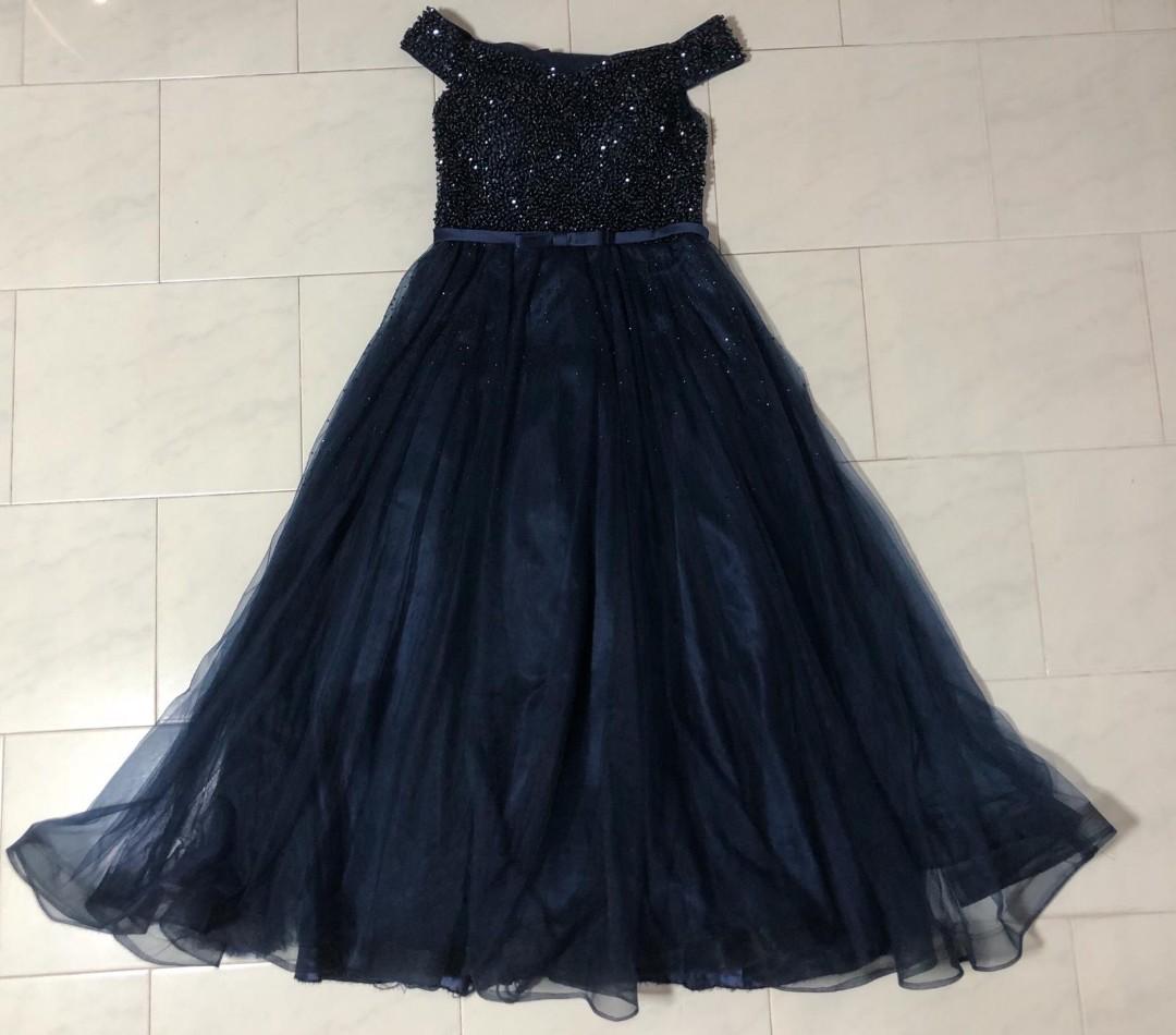 Navy Tulle Off Shoulder Evening Gown, Women's Fashion, Dresses & Sets ...