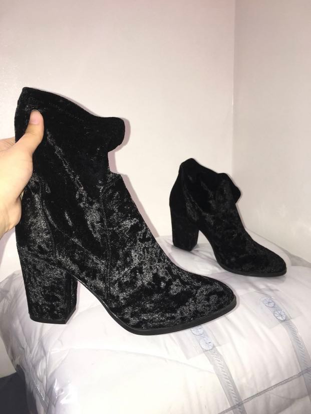 Negotiable Forever 21 Black Velvet Sock Boots with Heels Women s Fashion Footwear Heels on Carousell