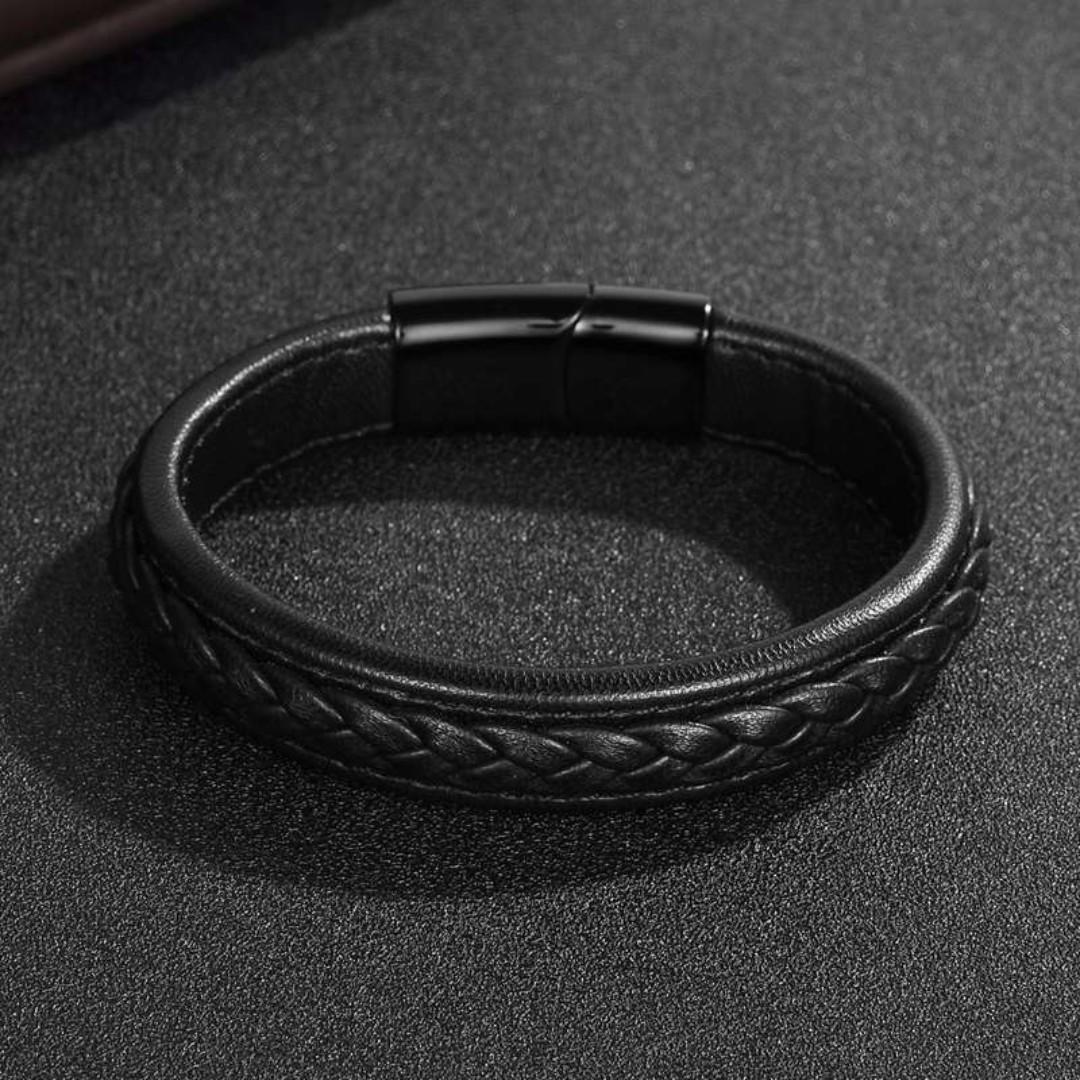 Men Black Leather Wrap Bangle Bracelet Band Friendship Jewelry