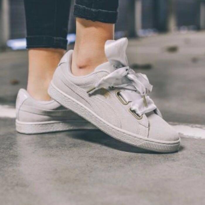 Puma Suede Satin Grey Basket Heart Sneakers