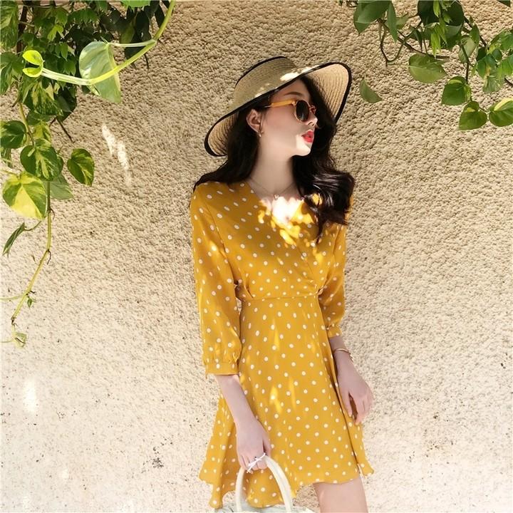 Yellow Polka Dot Tumblr Flowy Ulzzang Casual Korean Dress Women S