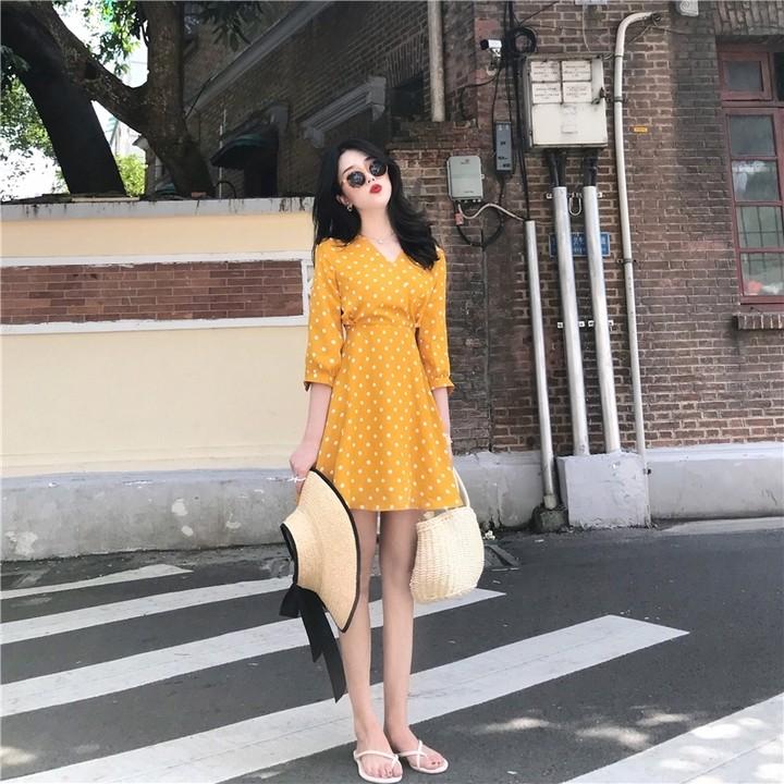 Yellow Polka Dot Tumblr Flowy Ulzzang Casual Korean Dress Women S