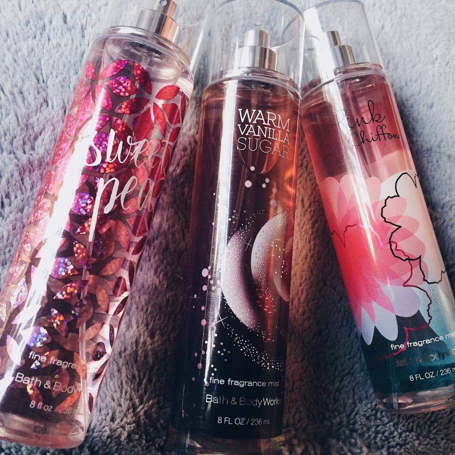 Bath & Body Works Fragrance Mist (Category: Body Care) located in San Mateo. Submitted by xviiwired (Listing ID 203899957, Image 1). Description: 🍒 Bath & Body Works Fragrance Mist 🍒 Sweet Pea 🍒 Warm Vanilla Sugar 🍒 Pink Chiffon 🍒 Sea Island Cotton 🍒 Japanese Cherry Blossom 🍒 Cucumber Melon 🍒 Midnight Pomegranate .