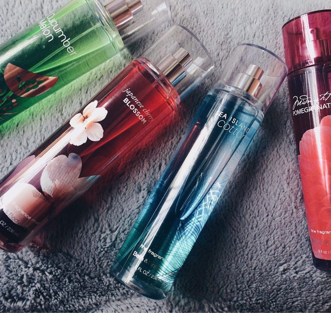 Bath & Body Works Fragrance Mist (Category: Body Care) located in San Mateo. Submitted by xviiwired (Listing ID 203899957, Image 2). Description: 🍒 Bath & Body Works Fragrance Mist 🍒 Sweet Pea 🍒 Warm Vanilla Sugar 🍒 Pink Chiffon 🍒 Sea Island Cotton 🍒 Japanese Cherry Blossom 🍒 Cucumber Melon 🍒 Midnight Pomegranate .