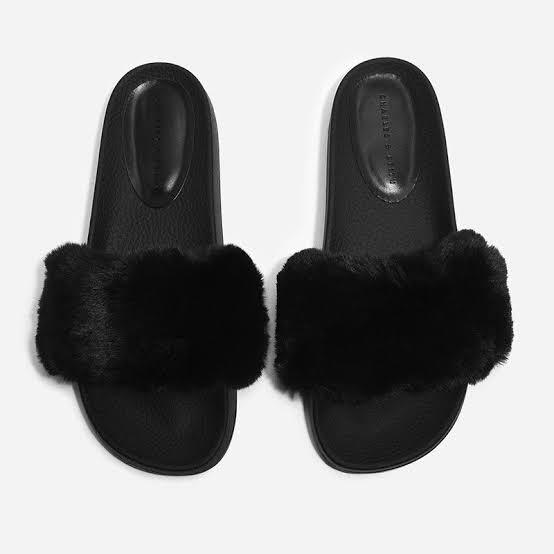 black fluffy sliders with strap